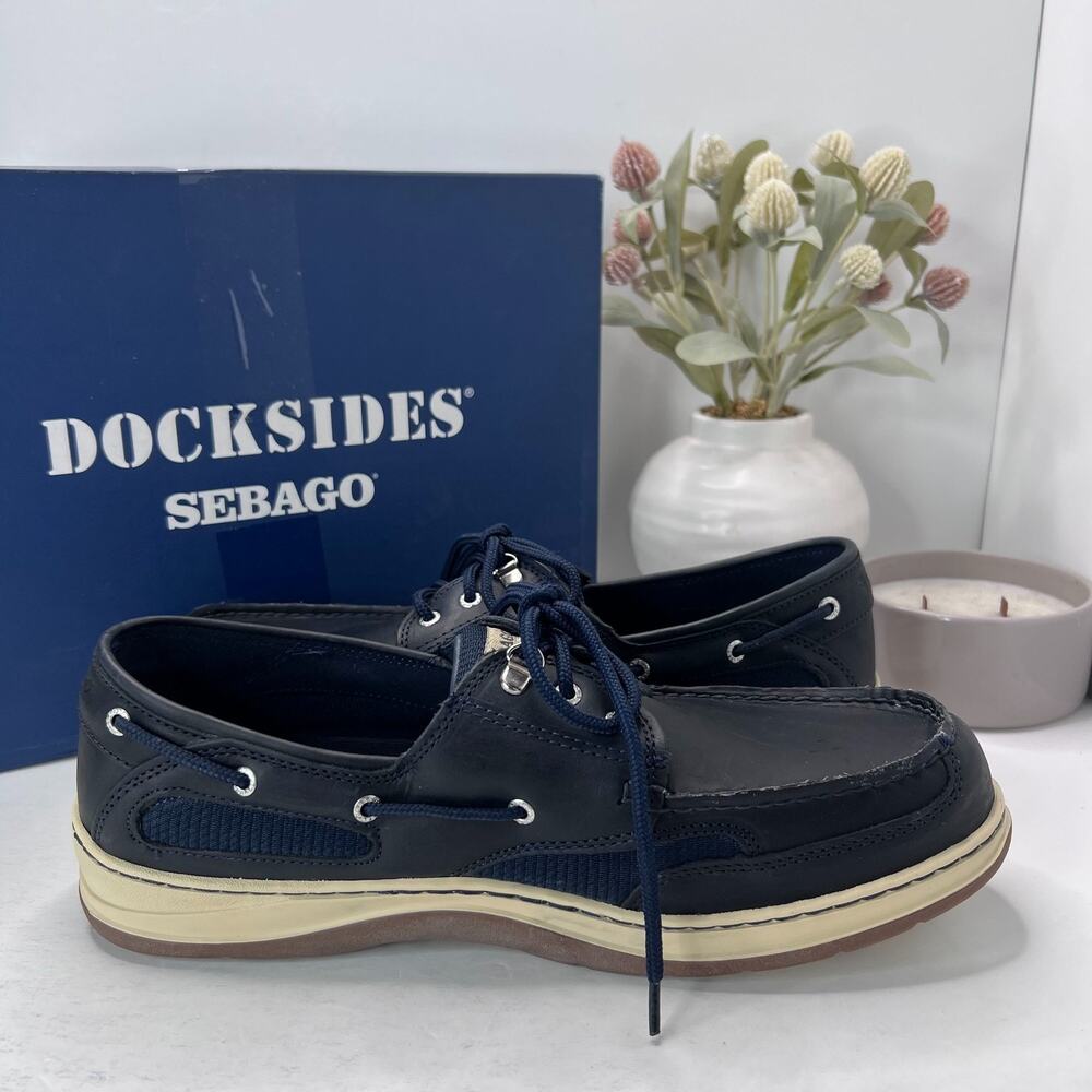 Sebago Docksides Leather Upper Boat Shoes Lace Up Navy Blue Men's 13R Tried On - Picture 2 of 10